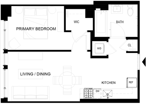 Floor plan for 1 bed, 1 bath, 500 sqft